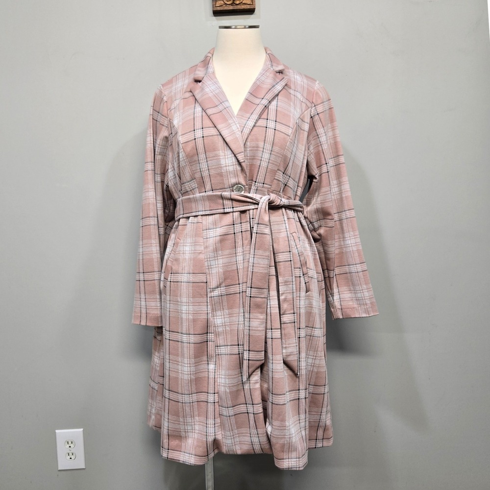 Torrid Trench Coat Plus Size 4X Pink Plaid Belted Longline Academia Rockabilly